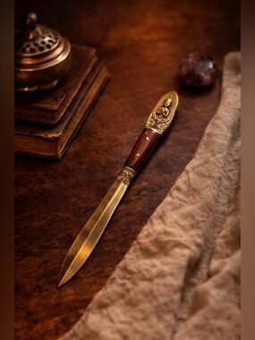 Vintage Thai Brass & Wood Letter Opener — Hand-Stamped Nickel Bronze • Buddhist
